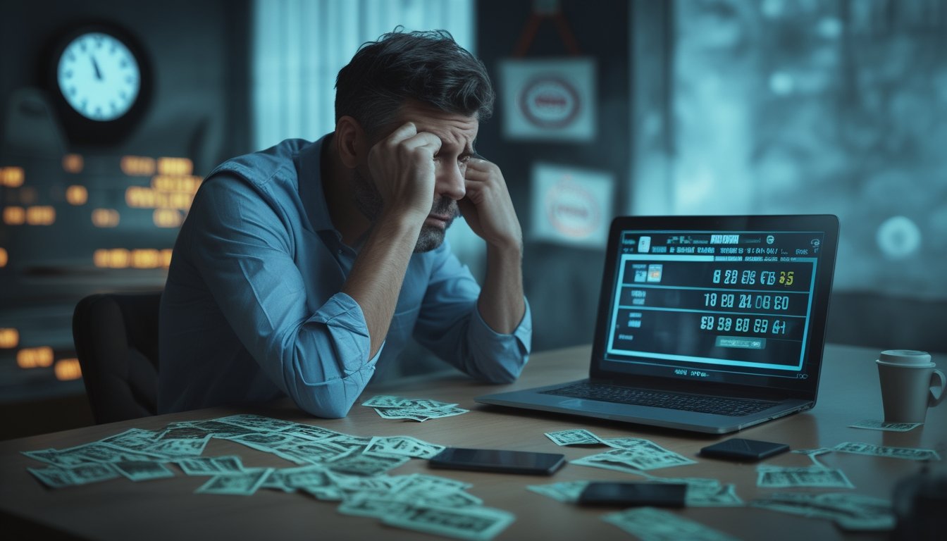 Seorang pria dewasa terlihat stres duduk di depan laptop dengan tiket togel dan ponsel di meja, menunjukkan kecemasan akibat kecanduan togel online.