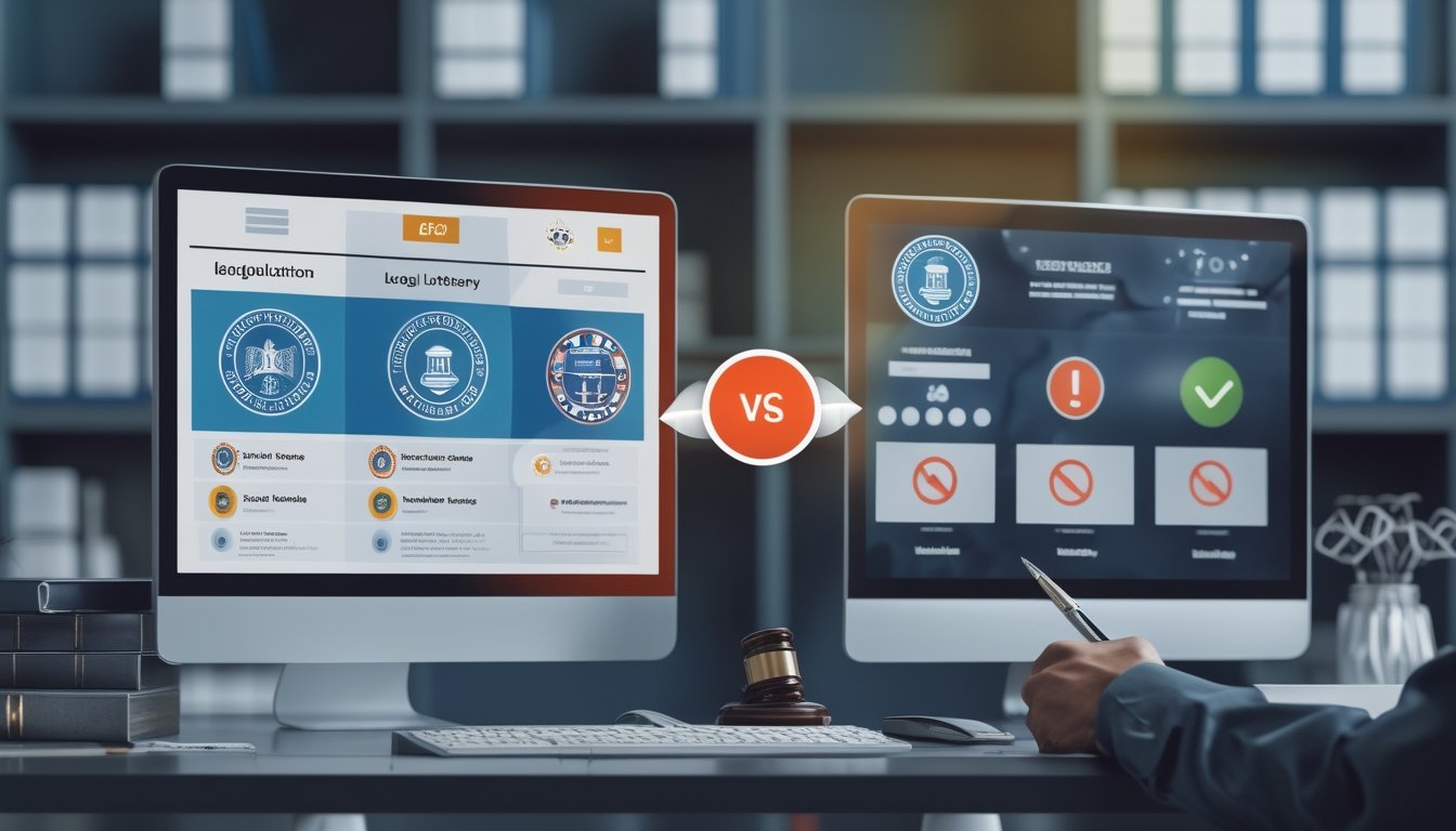 Seseorang di kantor modern membandingkan dua layar komputer yang menunjukkan situs togel online legal dan ilegal dengan simbol regulasi dan peringatan.