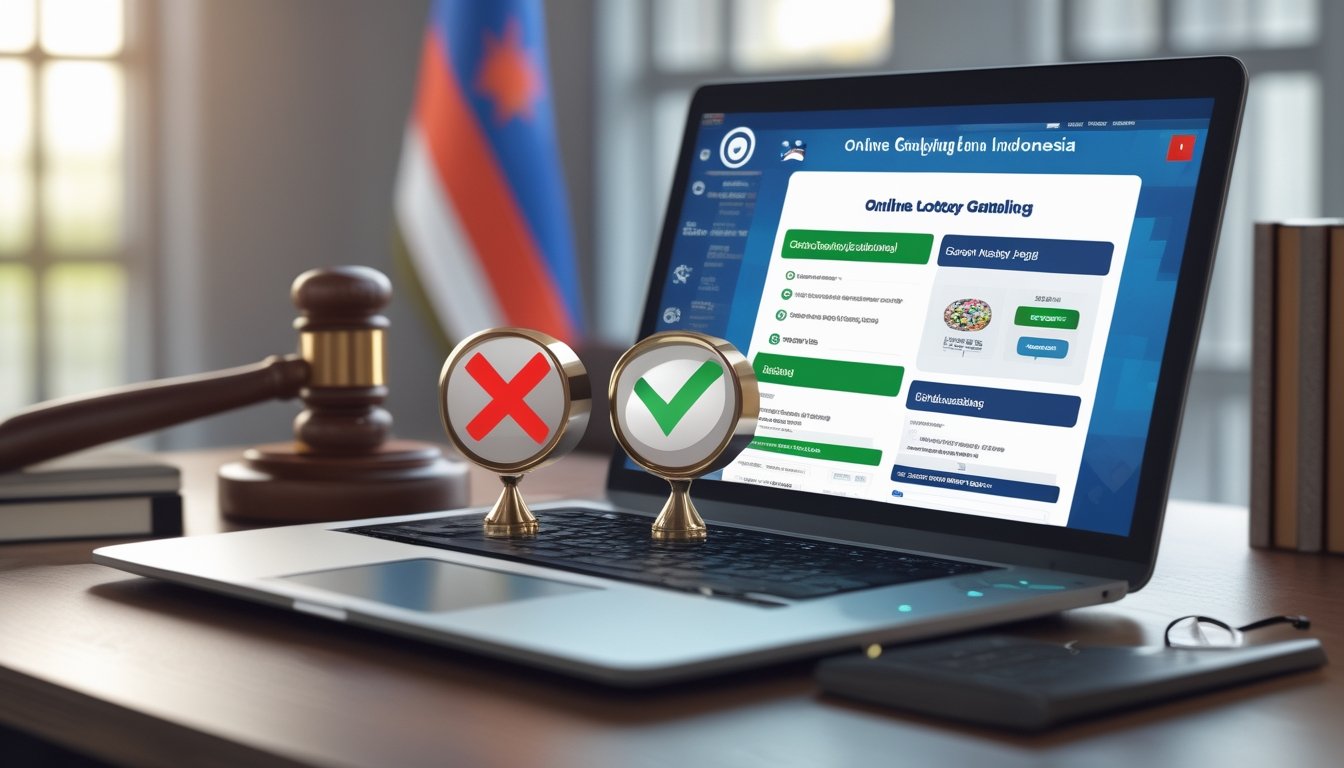 Meja kerja dengan laptop yang menampilkan situs togel online, dokumen dengan tanda centang hijau dan tanda silang merah, serta bendera Indonesia dan buku hukum di latar belakang.