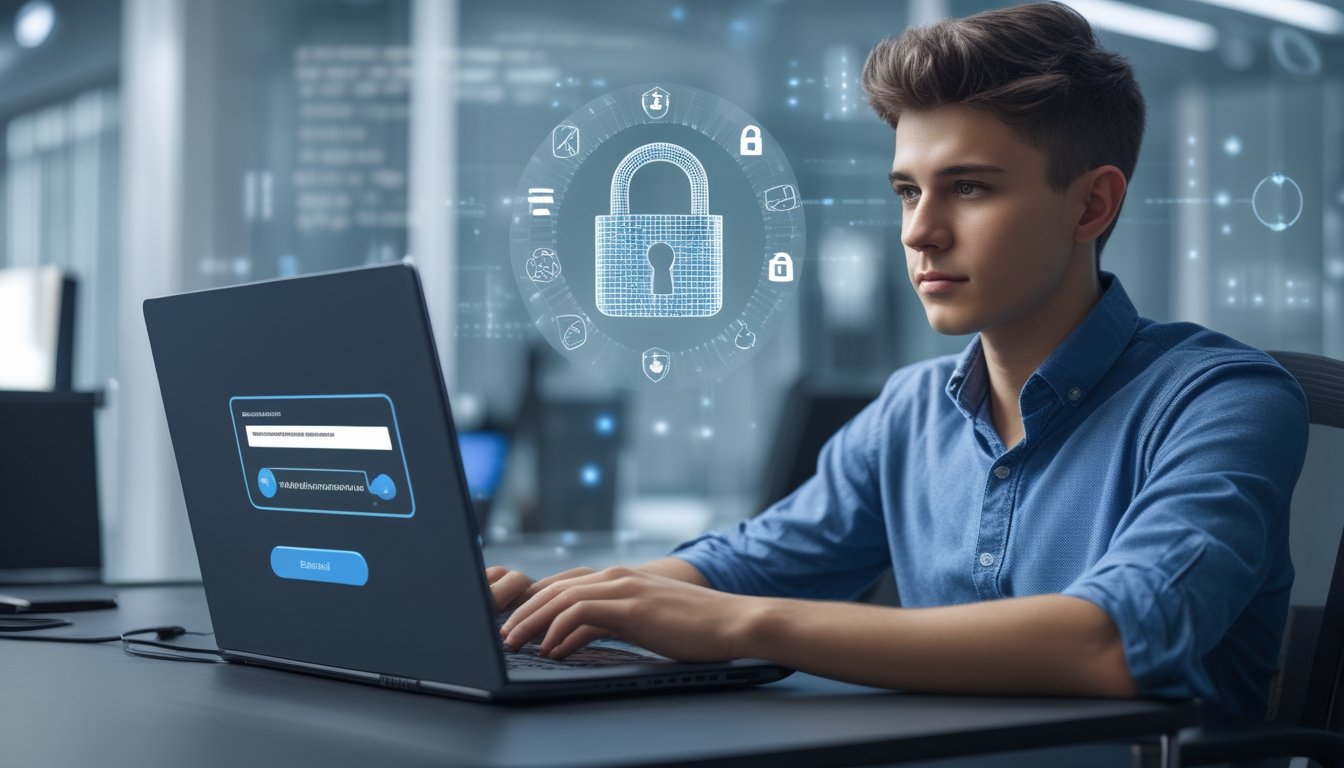 Seorang dewasa muda duduk di depan laptop di kantor modern, dengan ikon keamanan digital mengambang di sekitar laptop, menggambarkan perlindungan data pribadi dari penyalahgunaan situs togel online.