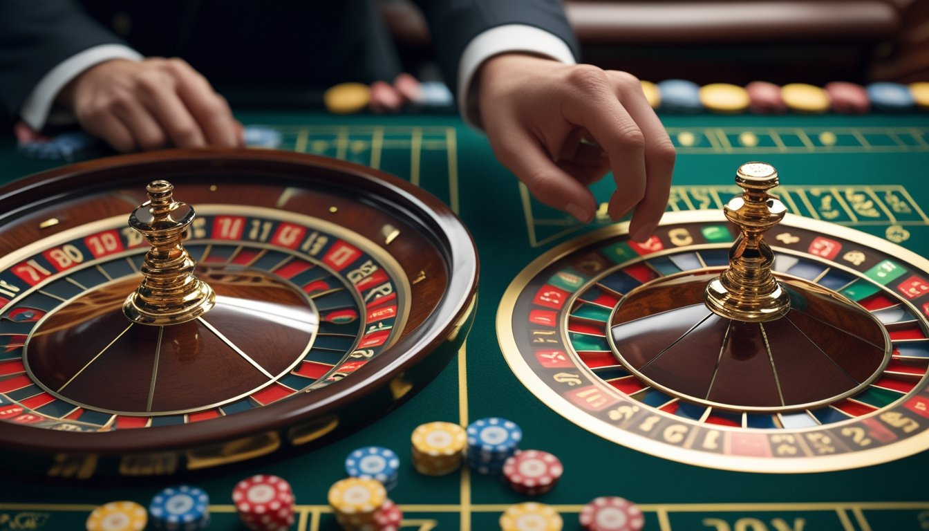 Meja roulette dengan roda roulette yang sedang berputar, menampilkan perbedaan antara roulette Prancis dan roulette Eropa.