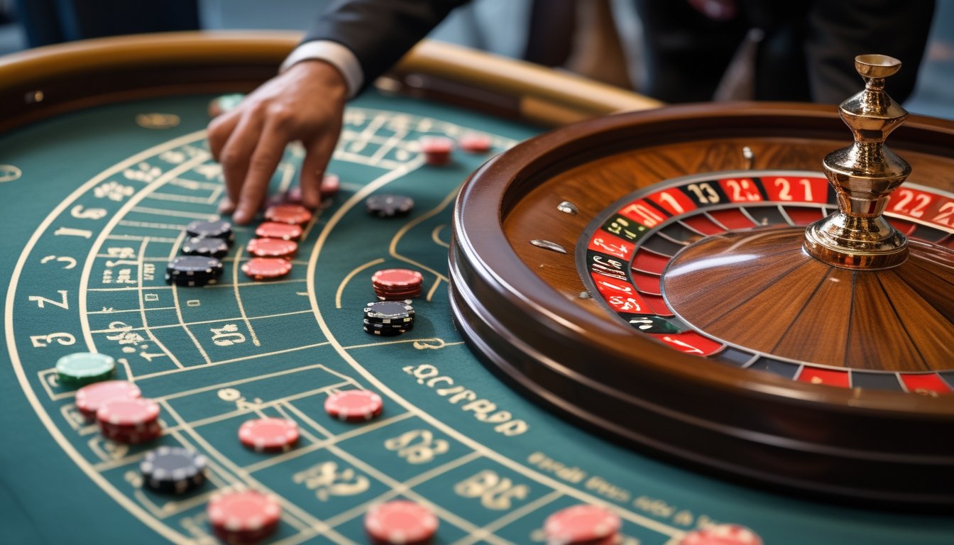 Meja roulette Eropa dengan roda roulette dan tumpukan chip, tangan pemain sedang meletakkan chip pada area taruhan.