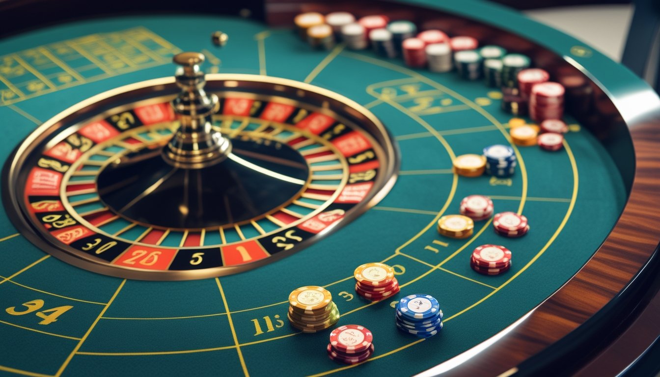 Meja roulette Eropa dengan tata letak angka dan chip taruhan di kasino.