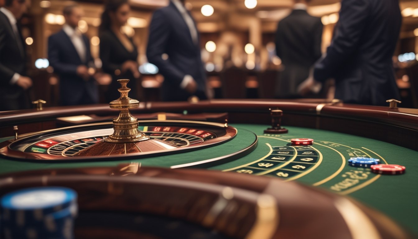Meja roulette Prancis dengan roda roulette dan chip taruhan di kasino mewah dengan pemain di latar belakang.