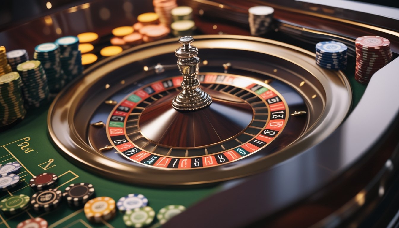 Meja roulette Prancis dengan roda roulette, bola yang bergerak, dan tumpukan chip di kasino.