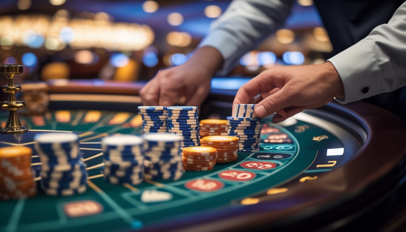 Meja roulette Eropa dengan roda roulette dan tangan pemain yang meletakkan chip taruhan.