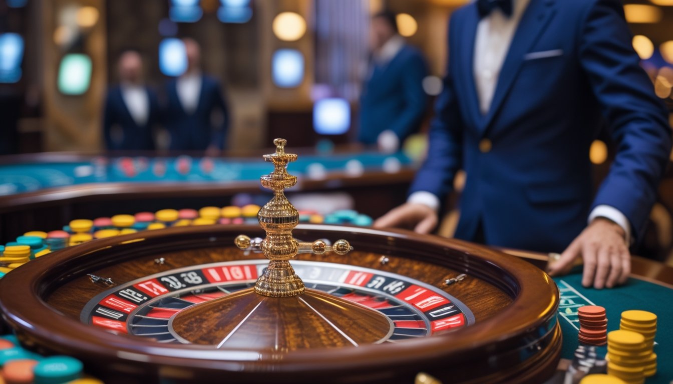 Meja roulette Eropa dengan roda roulette, chip taruhan, dan seorang croupier yang mengelola permainan di kasino.