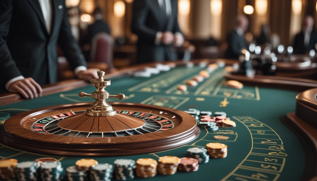 Meja roulette Prancis di kasino mewah dengan roda roulette dan tumpukan chip, dikelilingi oleh pemain dan dealer yang sedang bermain.