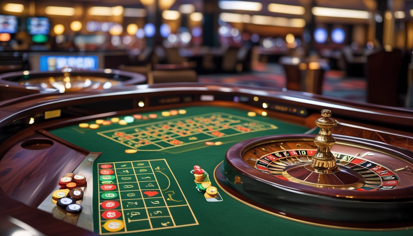 Meja roulette di kasino dengan roda roulette French dan chip warna-warni yang tertata rapi.
