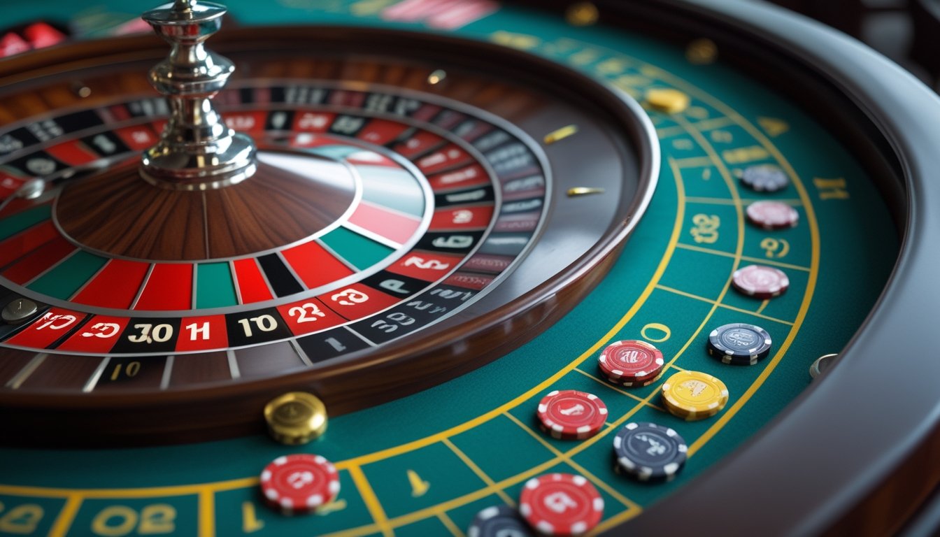 Meja roulette Eropa dengan roda roulette dan chip berwarna diletakkan pada area taruhan di atas permukaan hijau.