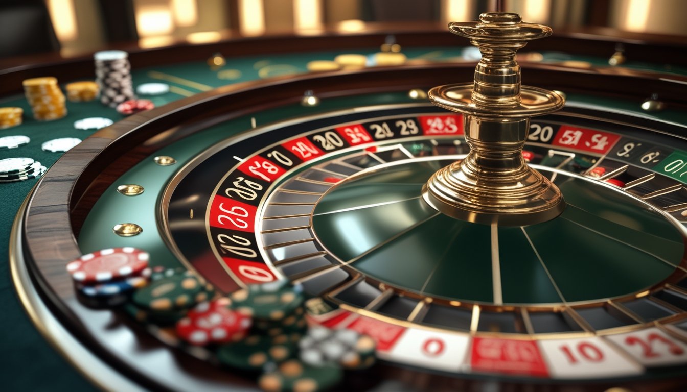 Meja roulette Eropa dengan roda roulette dan taruhan di dalam dan di luar terlihat jelas, dengan chip berwarna di atas meja hijau.