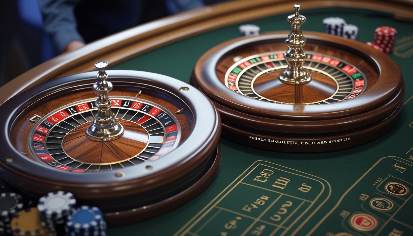 Dua roda roulette berdampingan di atas meja kasino, satu roda untuk French Roulette dan satu lagi untuk European Roulette, dengan bola roulette dan chip di meja.
