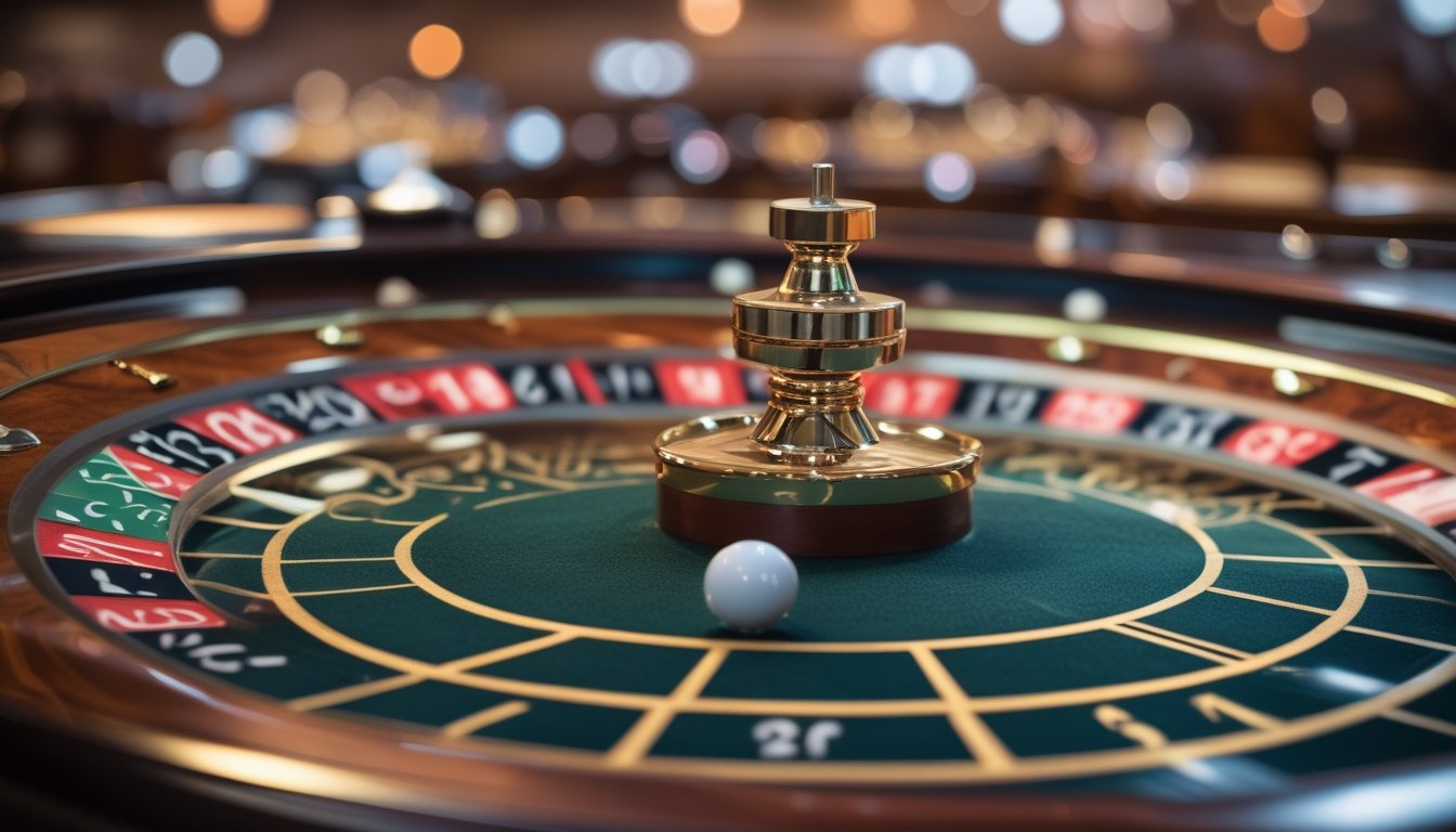 Meja roulette kasino dengan dua roda roulette berdampingan, satu untuk French Roulette dan satu untuk European Roulette, dengan bola putih di salah satu nomor.