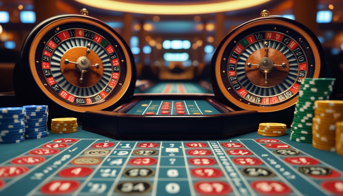 Pemandangan dekat roda roulette dan meja taruhan dengan gaya roulette Prancis dan Eropa di latar belakang kasino.