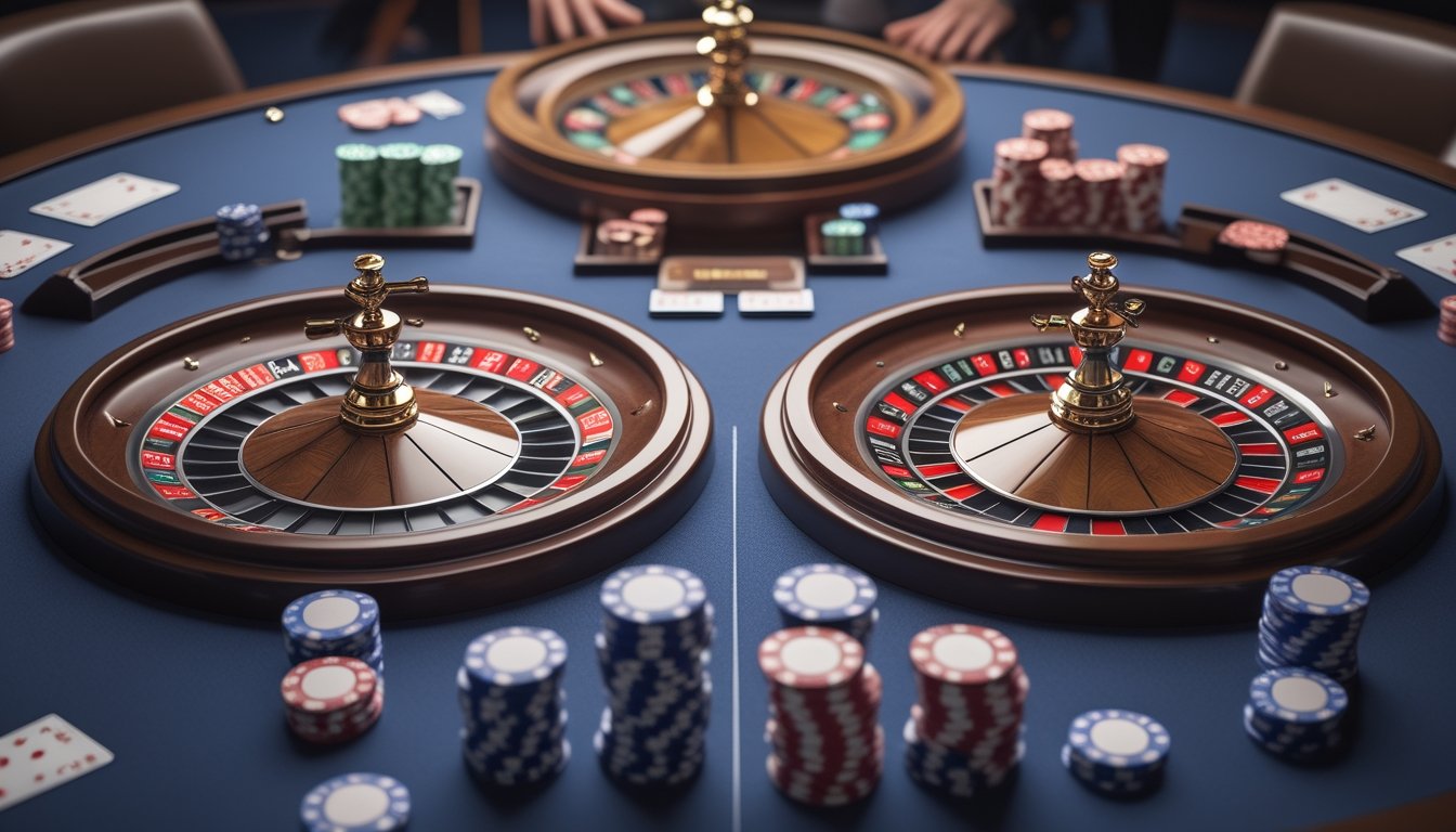 Dua roda roulette berbeda berdampingan di atas meja kasino dengan tumpukan chip taruhan di sekitarnya.
