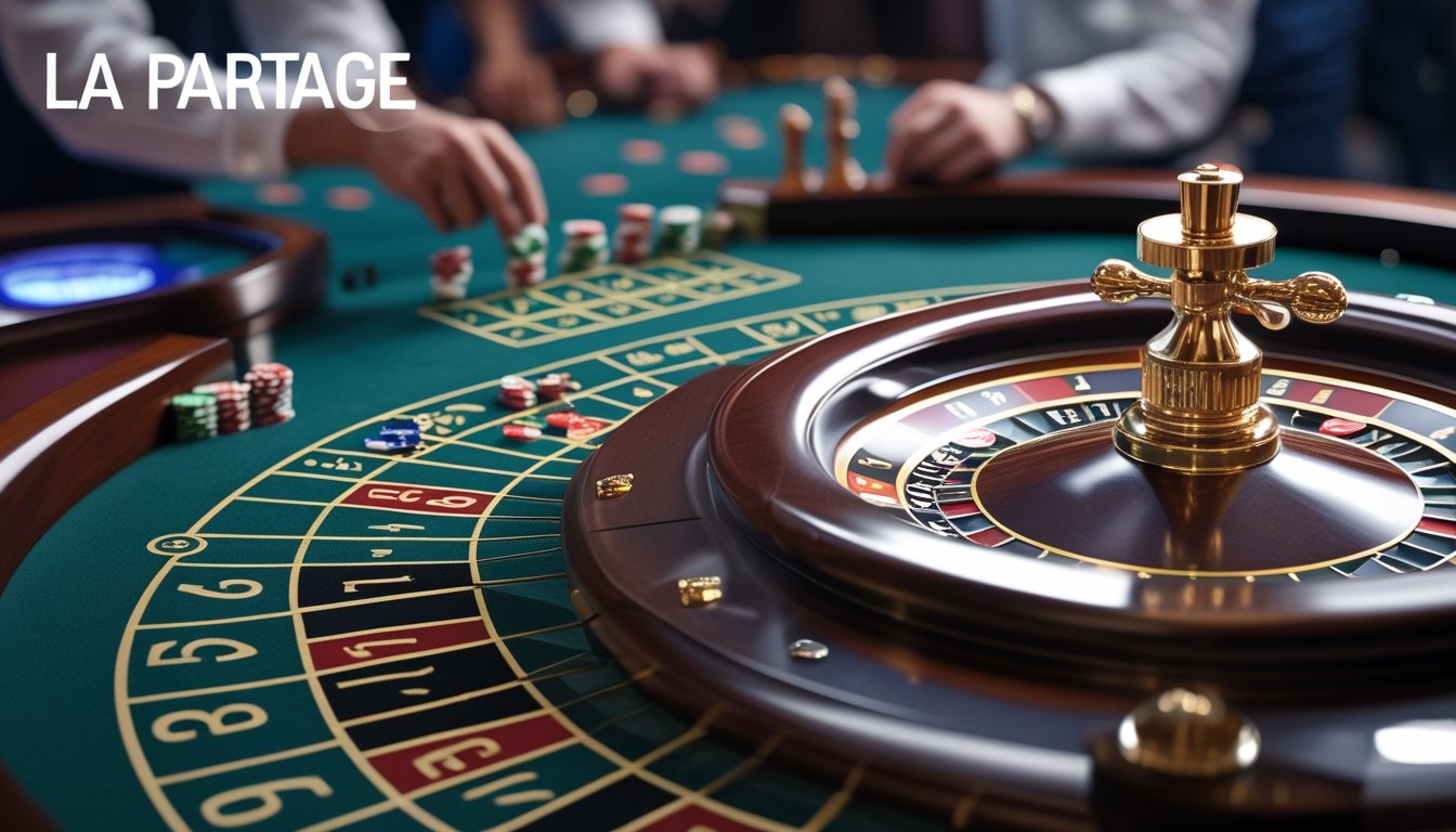 Meja roulette Prancis dengan bola yang mendarat di angka nol dan pemain meletakkan chip pada taruhan genap.