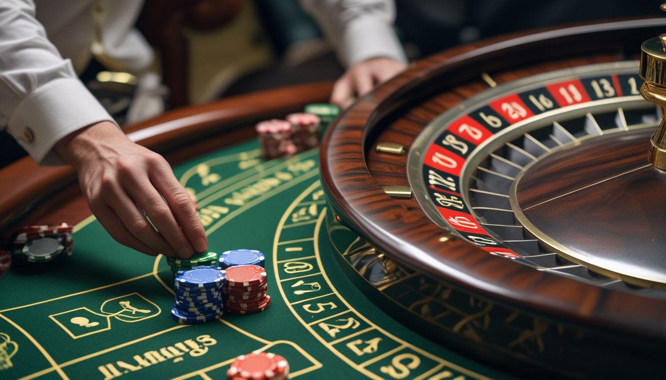 Foto close-up roda roulette Prancis dengan tangan pemain meletakkan chip taruhan di meja kasino.