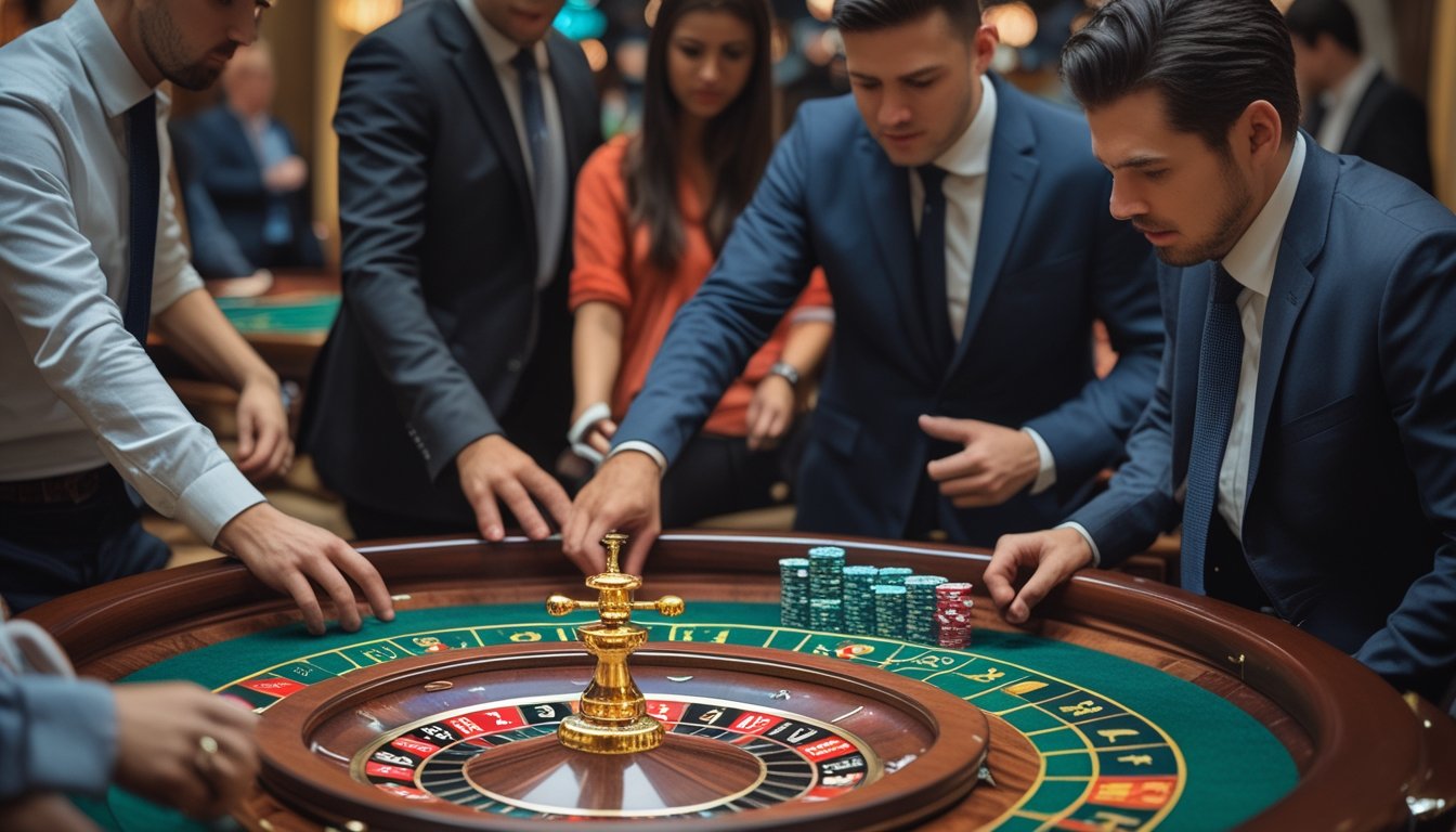 Seorang pemain pemula terlihat bingung saat bermain European Roulette di kasino dengan beberapa pemain lain di sekitarnya dan roda roulette yang berputar.