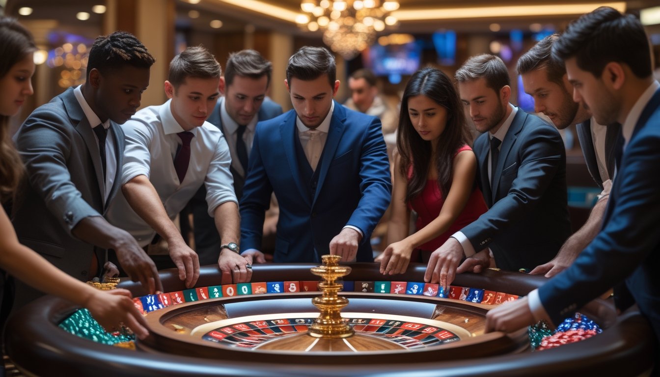 Beberapa pemain pemula sedang bermain European Roulette di meja kasino dengan seorang croupier mengawasi permainan.