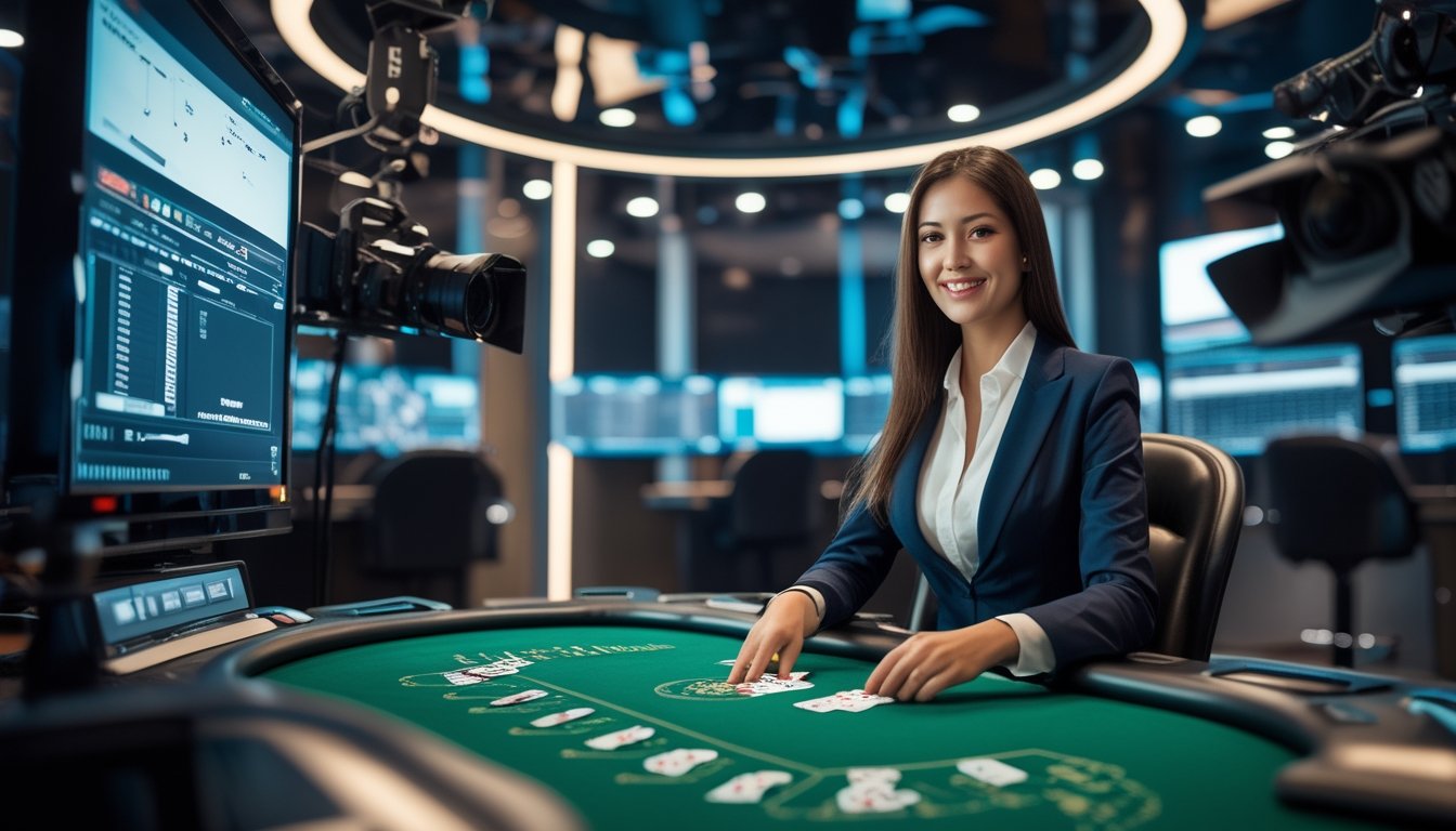 Seorang dealer wanita profesional sedang membagikan kartu di meja kasino dengan kamera dan monitor di latar belakang yang menunjukkan permainan secara langsung.