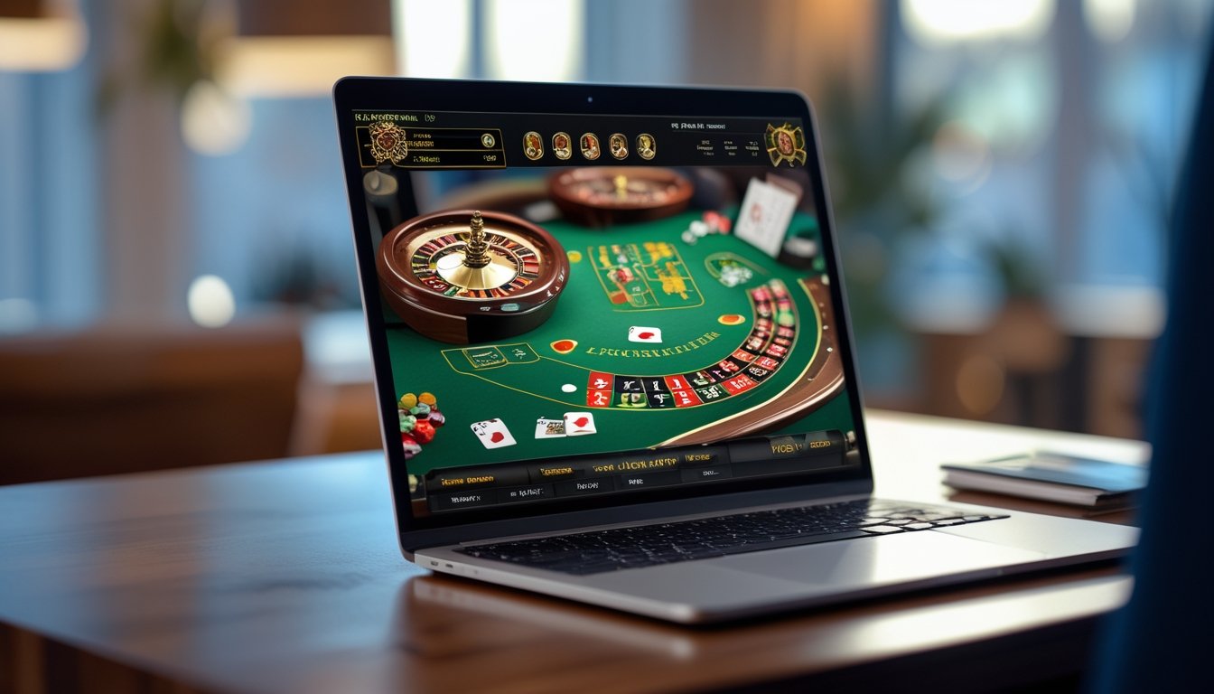 Seorang pengguna sedang bermain live casino online di laptop dengan tampilan dealer langsung dan elemen kasino seperti kartu dan roda roulette di layar.