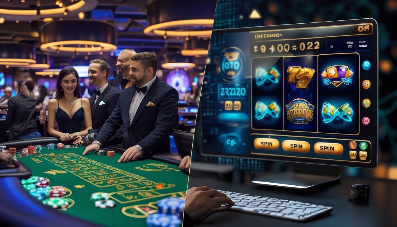 Gambar yang memperlihatkan perbedaan antara kasino langsung dengan slot online, dengan dealer kasino di satu sisi dan layar komputer menampilkan permainan slot di sisi lain.