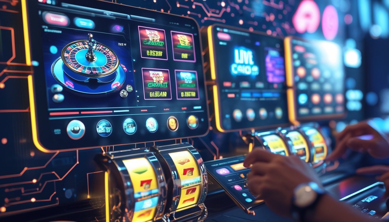 Beberapa tangan berinteraksi dengan layar digital yang menampilkan permainan kasino langsung dan mesin slot online dengan latar belakang pola teknologi dan aliran data.
