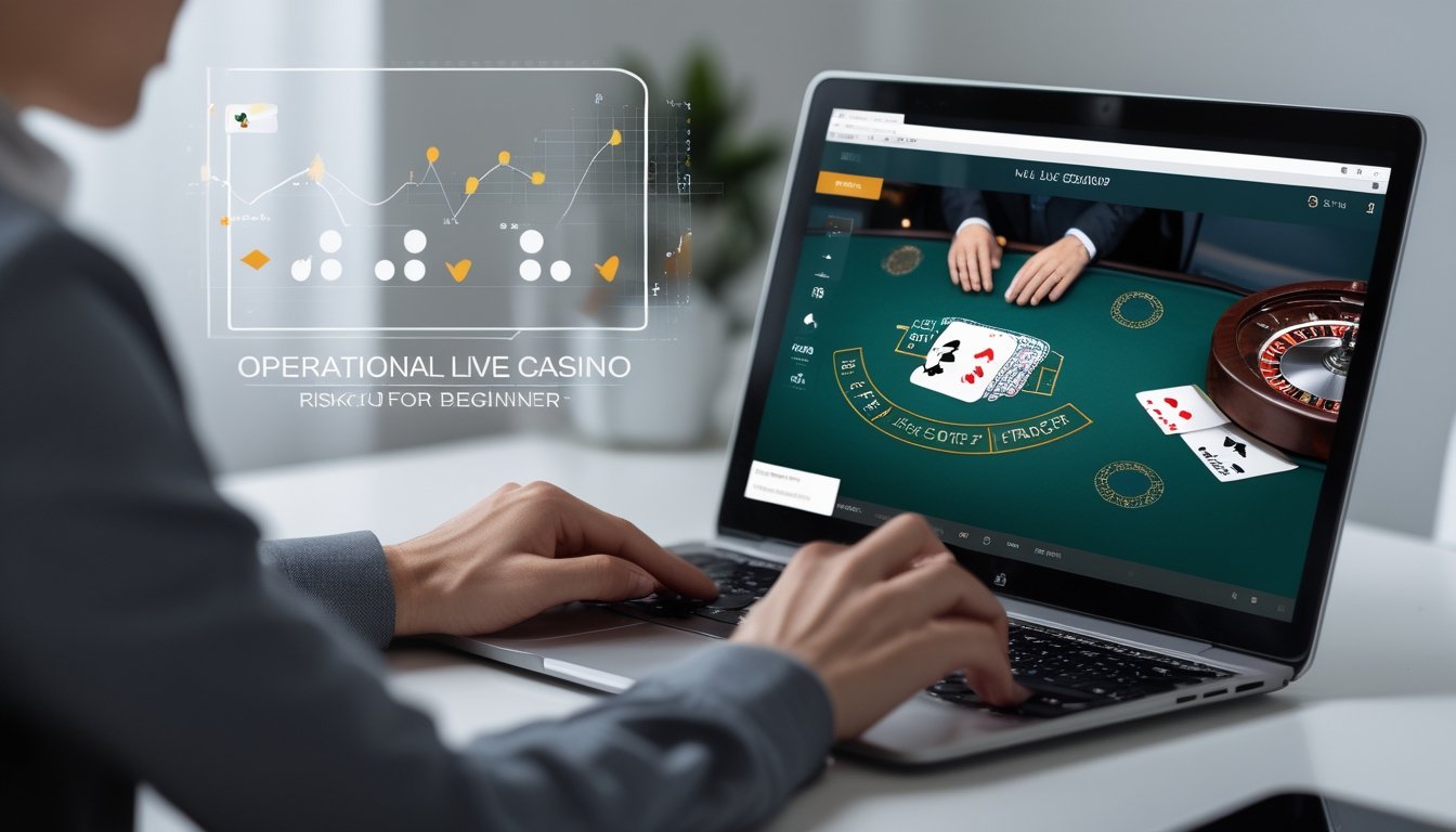 Seorang pemain sedang bermain live casino online di laptop dengan ekspresi serius dan fokus di ruang kerja modern.