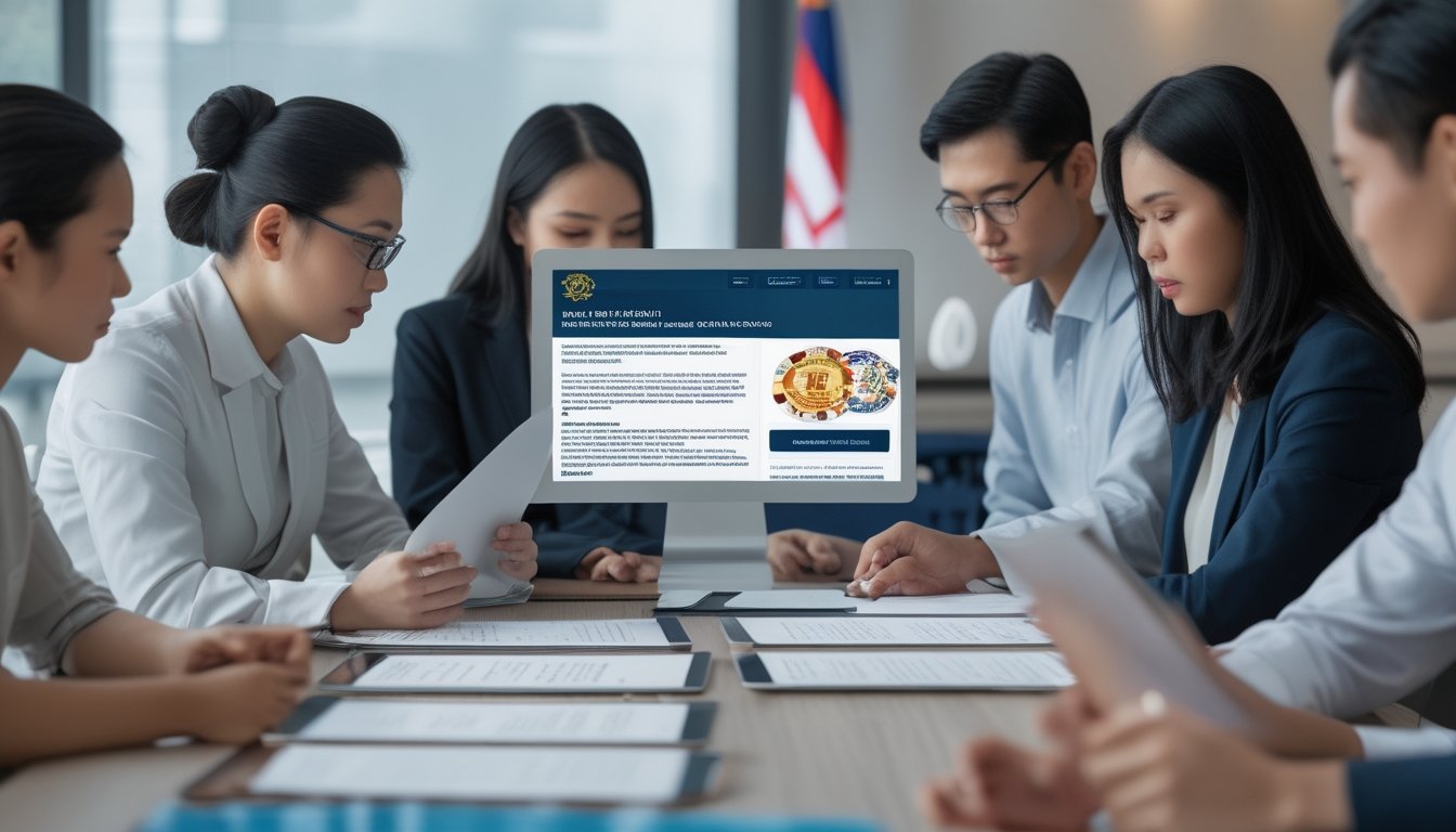 Sekelompok profesional sedang berdiskusi di kantor modern tentang hukum judi online di Indonesia dengan dokumen dan perangkat digital.