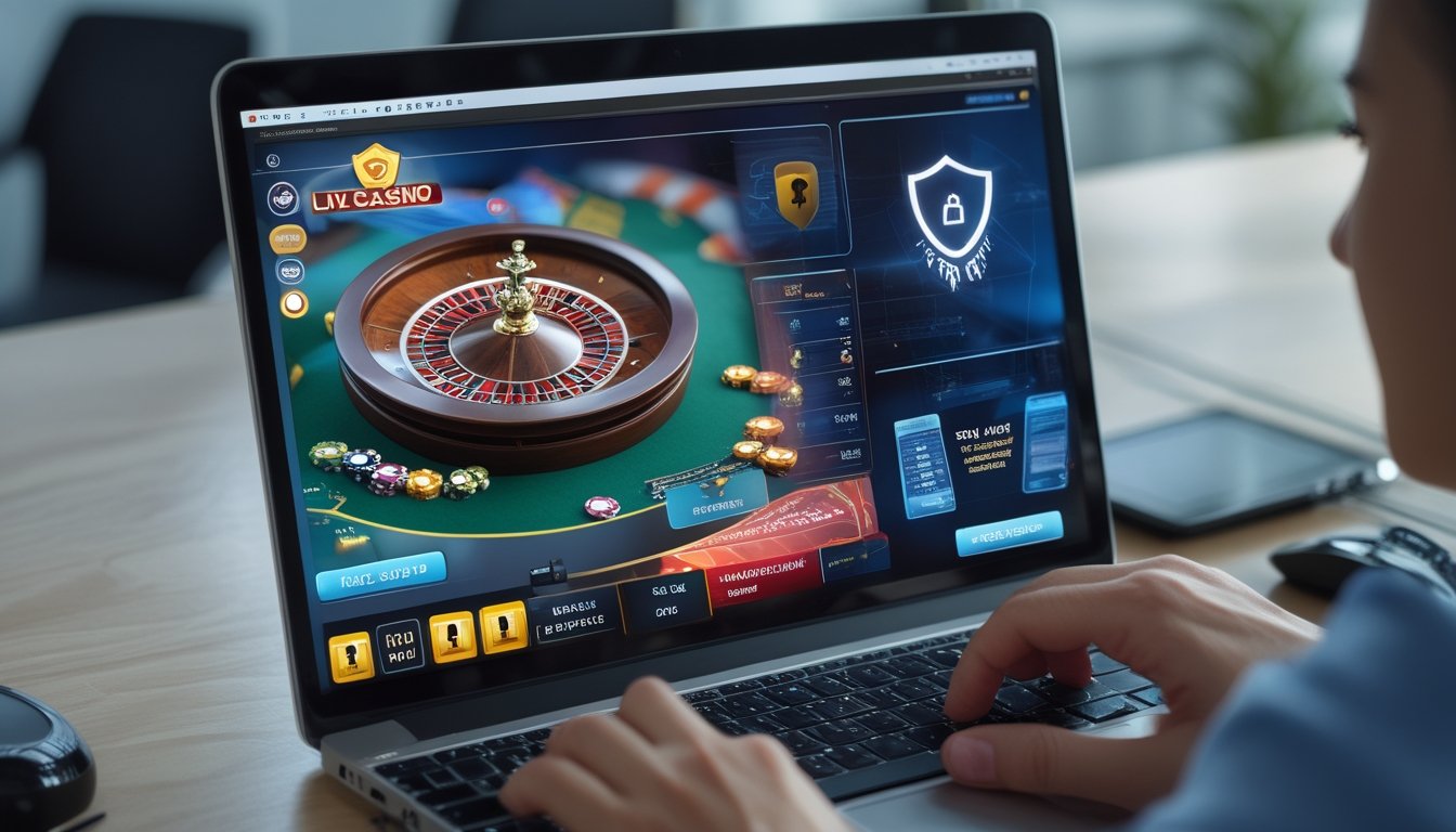 Seseorang menggunakan komputer dengan tampilan platform live casino online yang aman dan terpercaya.