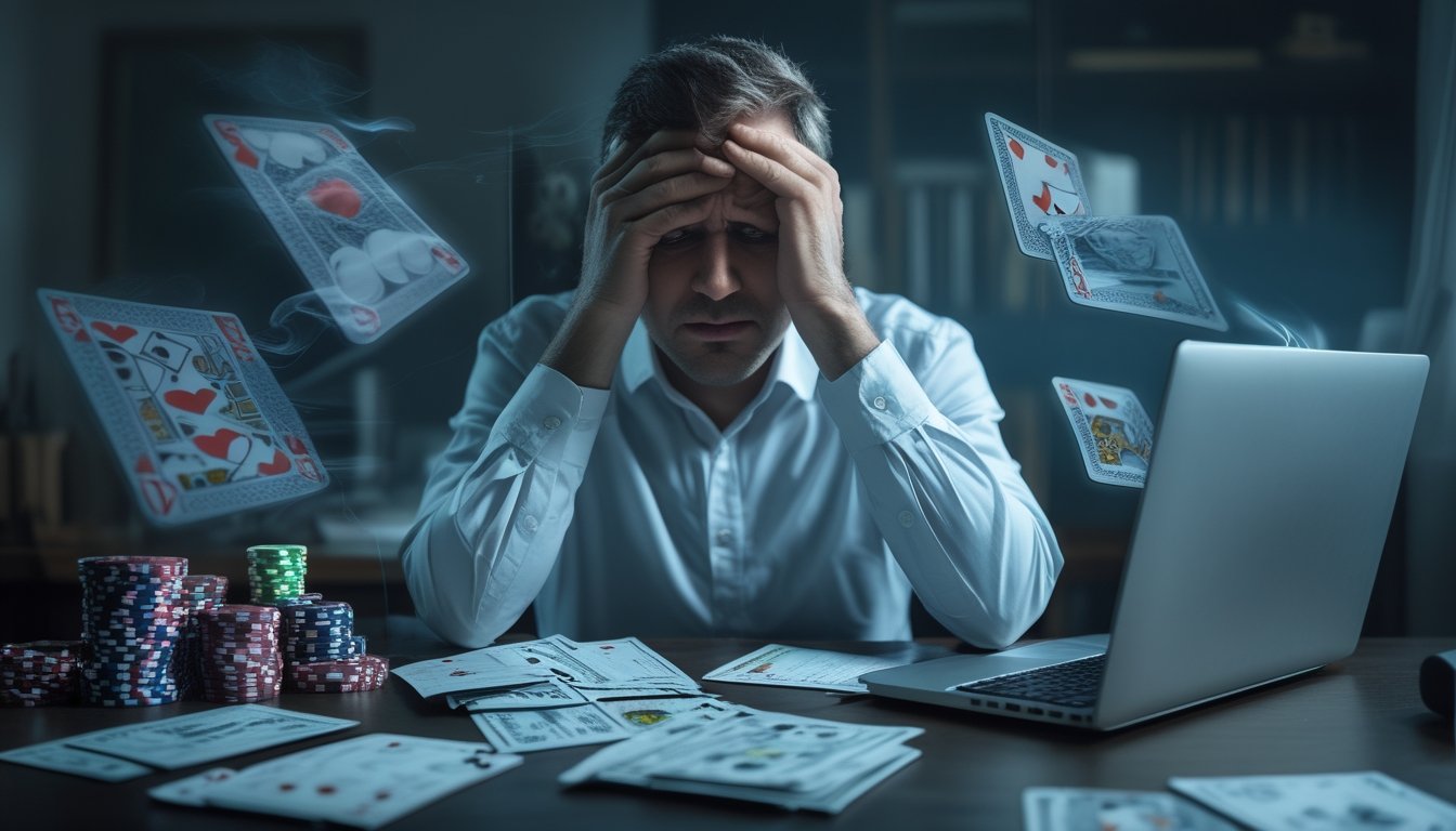 Seorang pria dewasa terlihat stres duduk di meja dengan tagihan, kartu kredit, dan laptop yang menampilkan permainan kasino online, menunjukkan dampak kecanduan terhadap kondisi finansial.