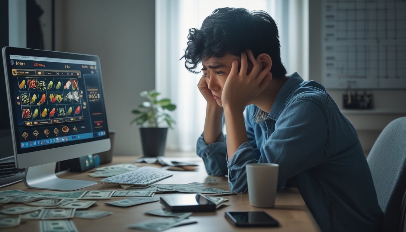 Seorang dewasa muda duduk di meja dengan ekspresi cemas sambil melihat layar laptop yang menampilkan permainan kasino langsung, dengan tagihan dan kartu kredit di sekitarnya.