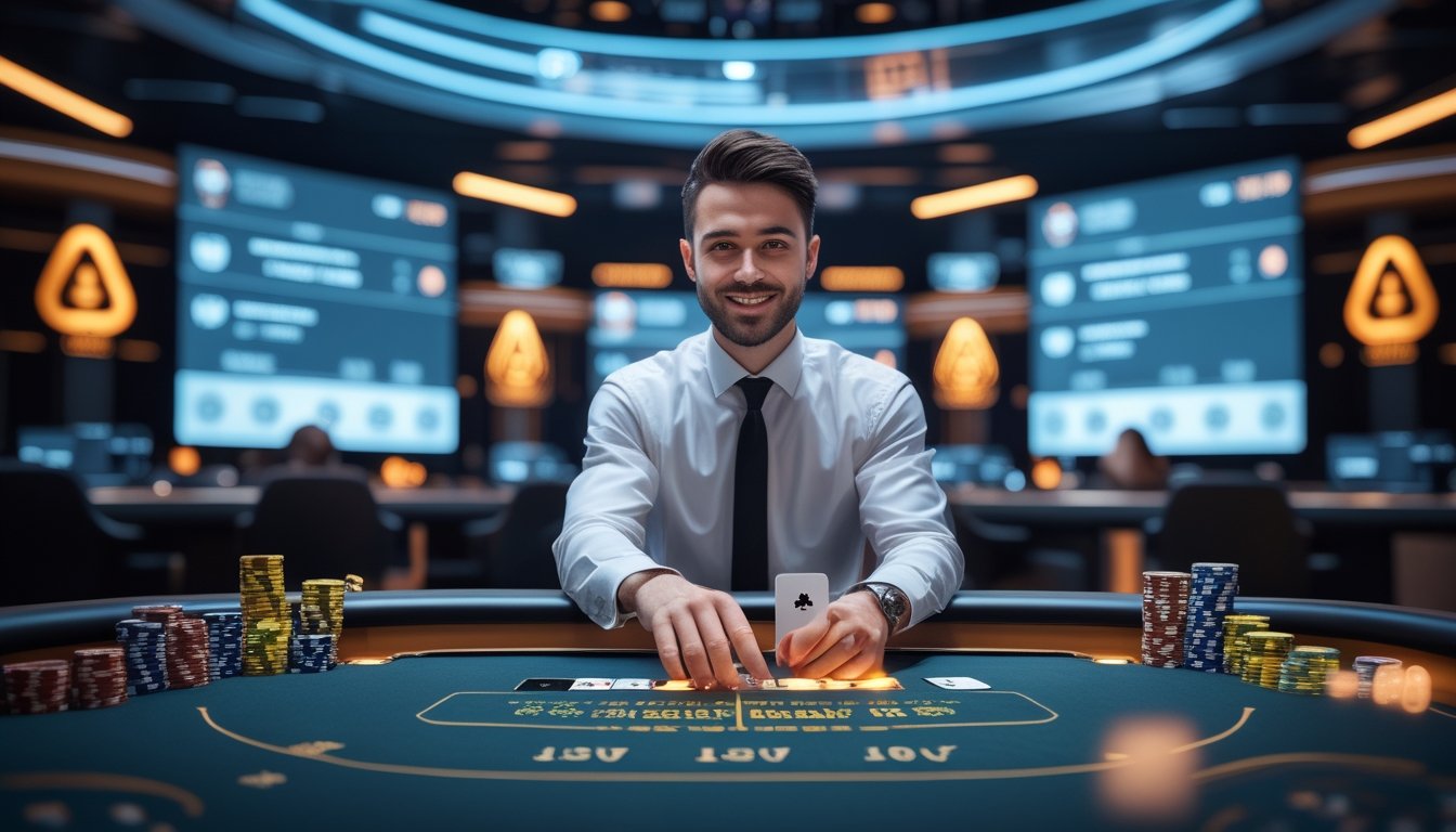 Seorang dealer kasino langsung yang profesional di depan meja permainan dengan kartu dan chip, dikelilingi oleh layar yang menunjukkan statistik permainan dan ikon keamanan.