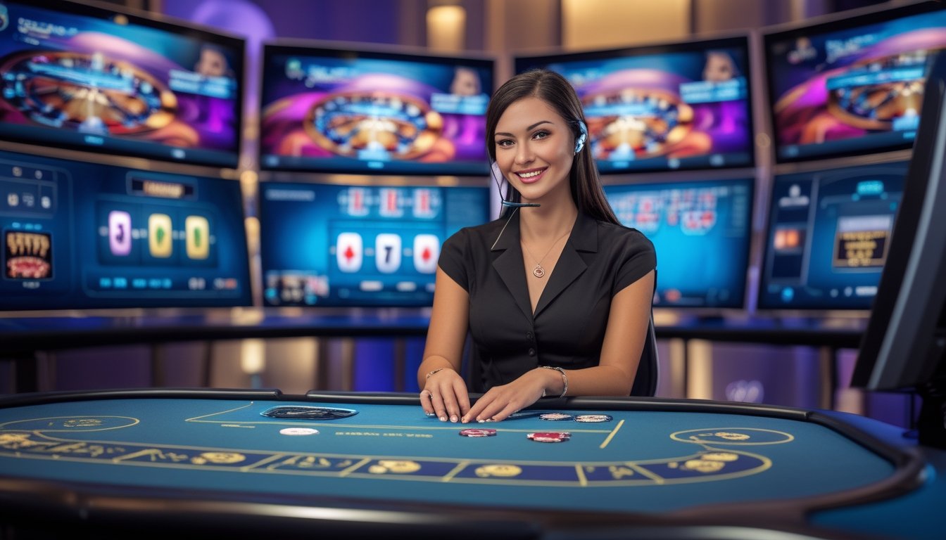 Seorang dealer kasino virtual wanita duduk di meja kasino modern dengan monitor menampilkan permainan kasino virtual di belakangnya.