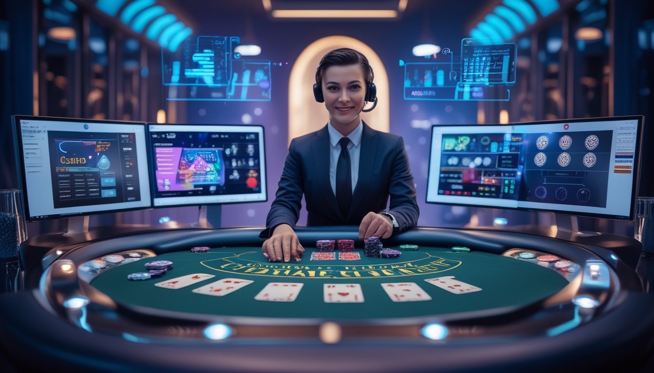 Seorang dealer kasino virtual profesional duduk di meja kasino modern dengan kartu dan chip digital di layar transparan, dikelilingi oleh monitor komputer dan antarmuka holografik di studio kasino dengan pencahayaan biru dan ungu.