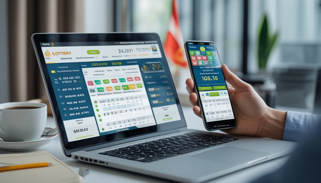 Seseorang menggunakan laptop dan ponsel di meja kerja dengan tampilan aplikasi taruhan togel online, di latar belakang terdapat elemen budaya Indonesia.