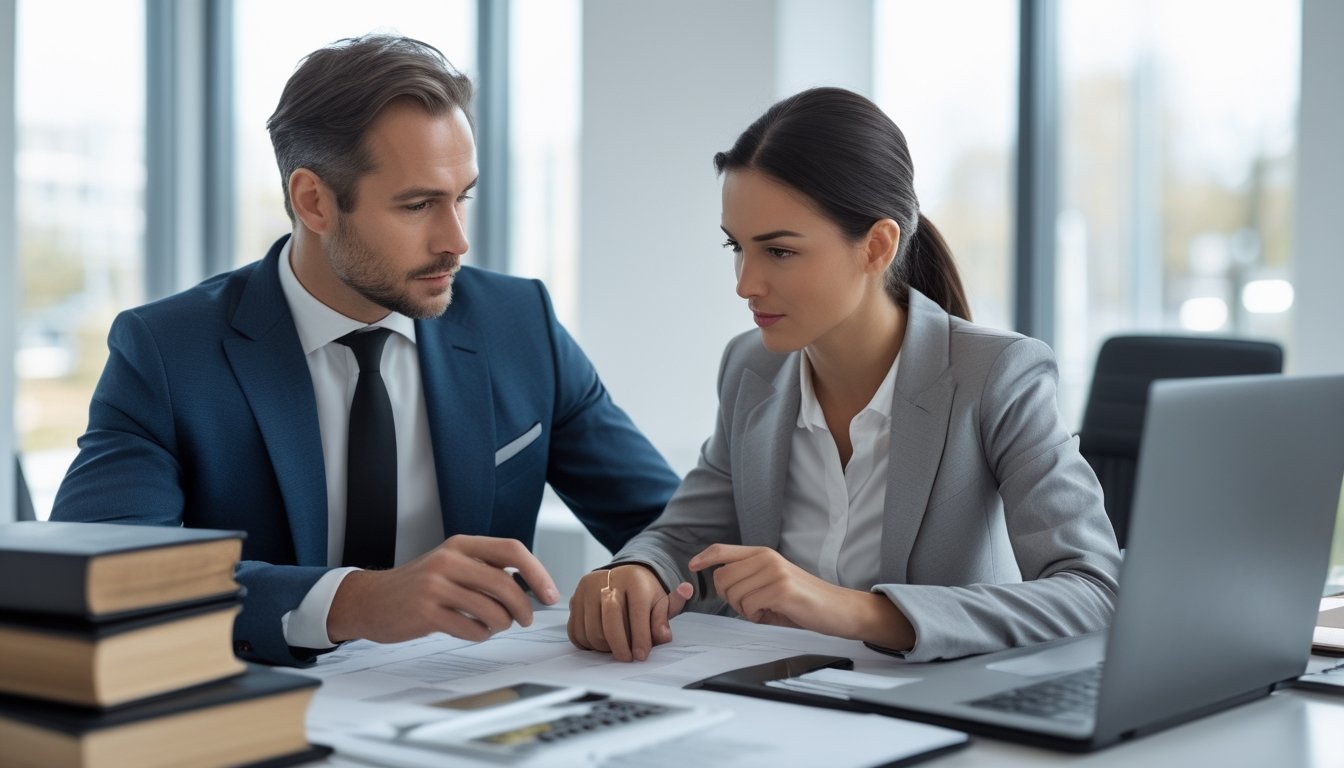 Dua orang profesional sedang berdiskusi serius di kantor modern dengan dokumen dan laptop di atas meja.