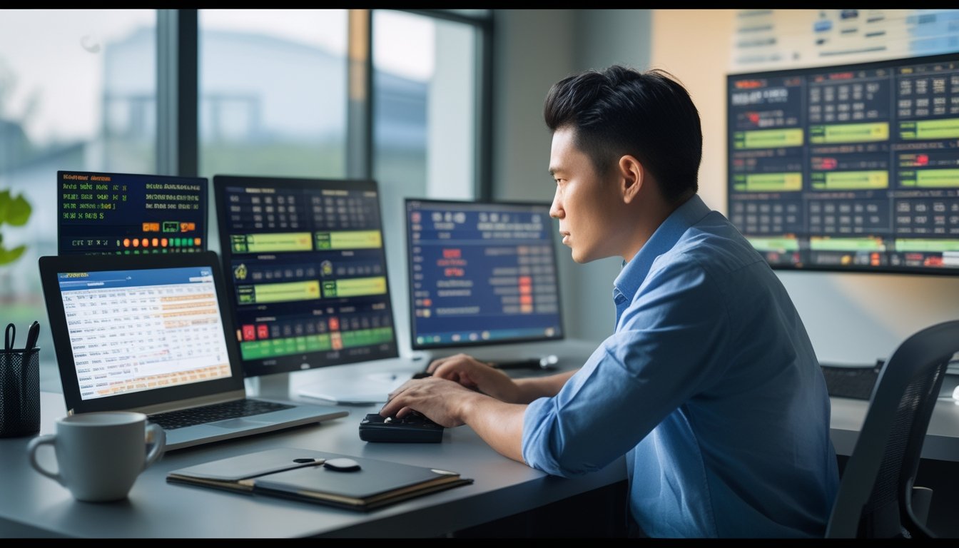 Seorang pria fokus duduk di meja kerja dengan beberapa layar digital menampilkan grafik dan angka togel, menunjukkan strategi taruhan yang serius.