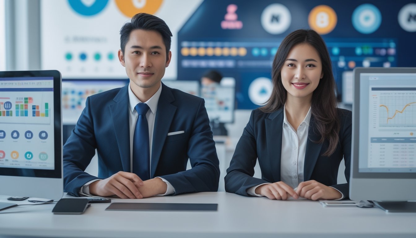 Dua orang profesional sedang bekerja di meja dengan beberapa layar komputer yang menampilkan grafik dan ikon terkait lotere dalam sebuah ruang kantor yang terang dan rapi.