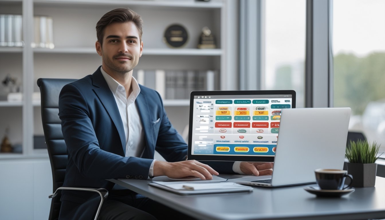 Seorang profesional duduk di meja kerja dengan laptop dan tablet, menunjukkan suasana kantor modern yang fokus pada ulasan situs togel terpercaya.