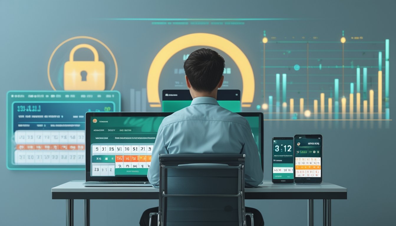 Seorang profesional duduk di meja dengan perangkat digital yang menampilkan angka togel dan simbol keamanan, menggambarkan lingkungan judi togel online yang aman dan terpercaya.