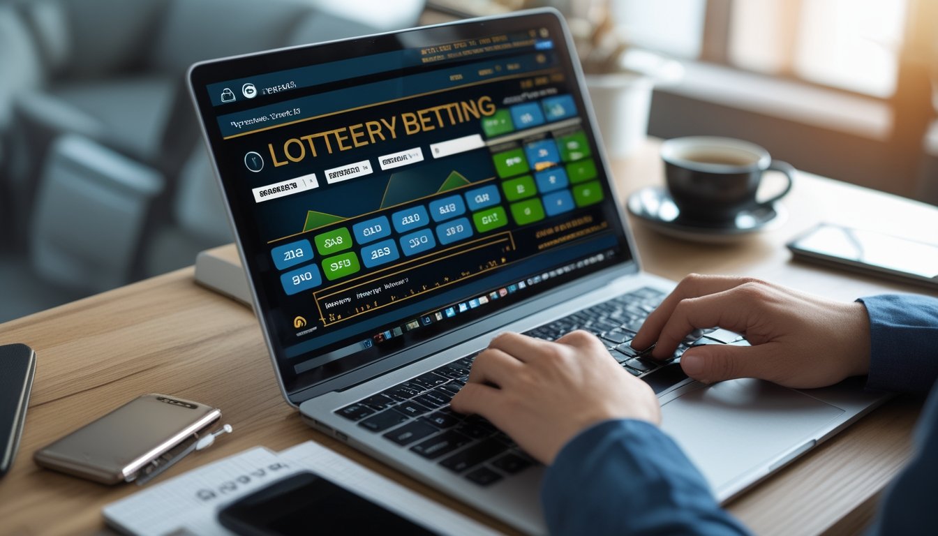 Seorang pria atau wanita menggunakan laptop di meja kerja dengan layar menampilkan antarmuka taruhan togel online, suasana terlihat rapi dan profesional.