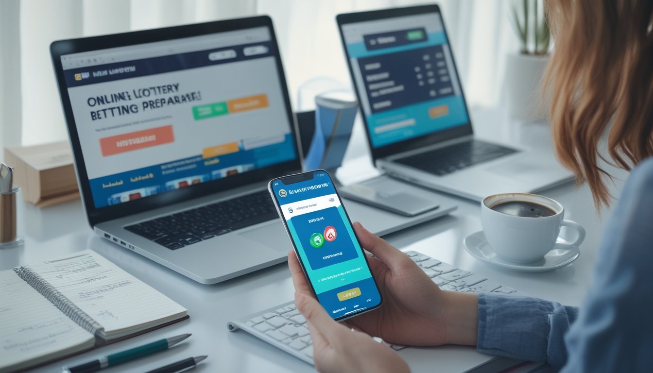Seseorang menggunakan laptop dan ponsel di meja kerja dengan catatan dan kopi, mempersiapkan pendaftaran dan taruhan togel online.
