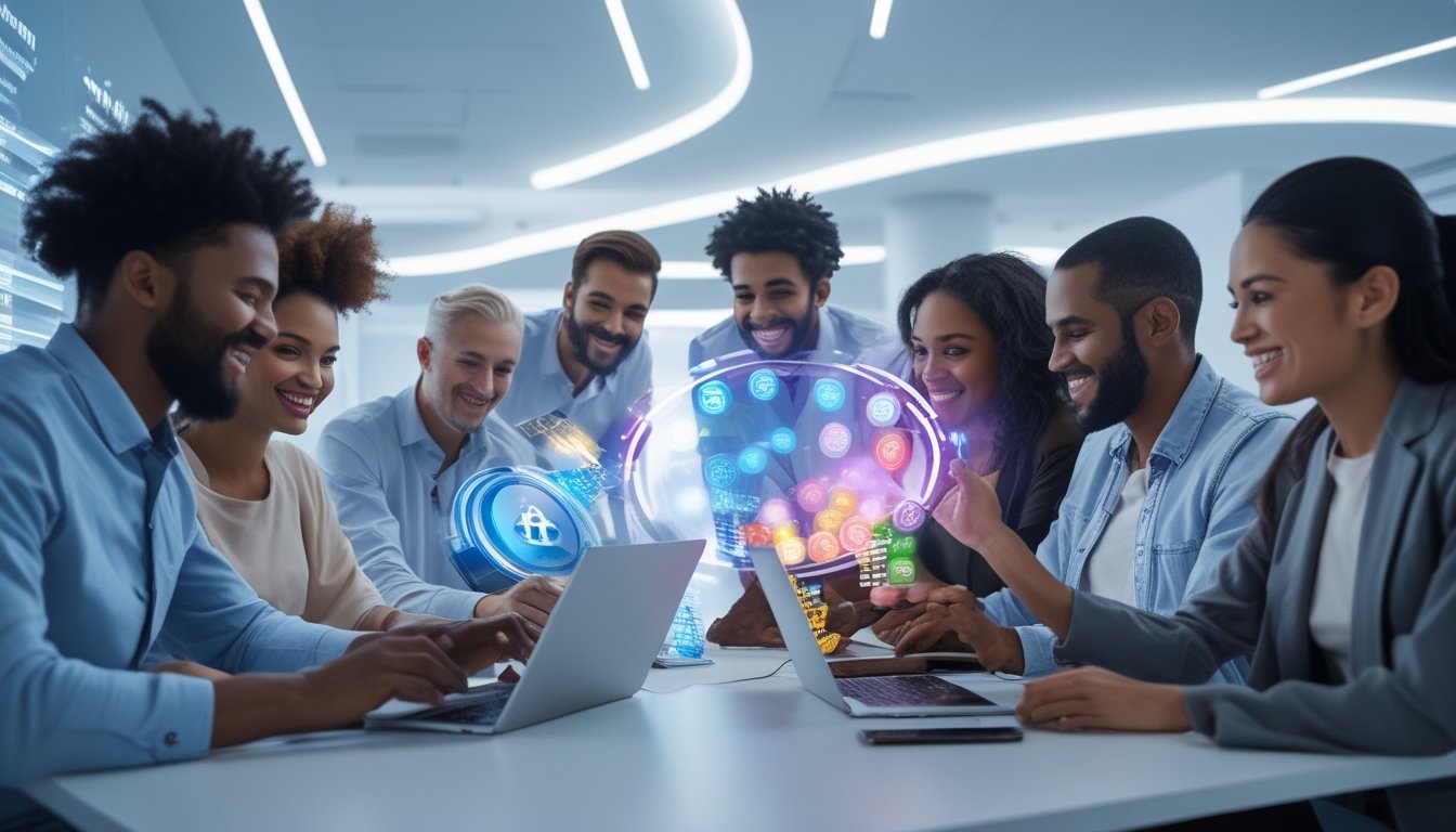 Orang-orang menggunakan laptop dan ponsel di ruang kantor modern dengan layar digital yang menampilkan angka lotere dan ikon pembayaran.