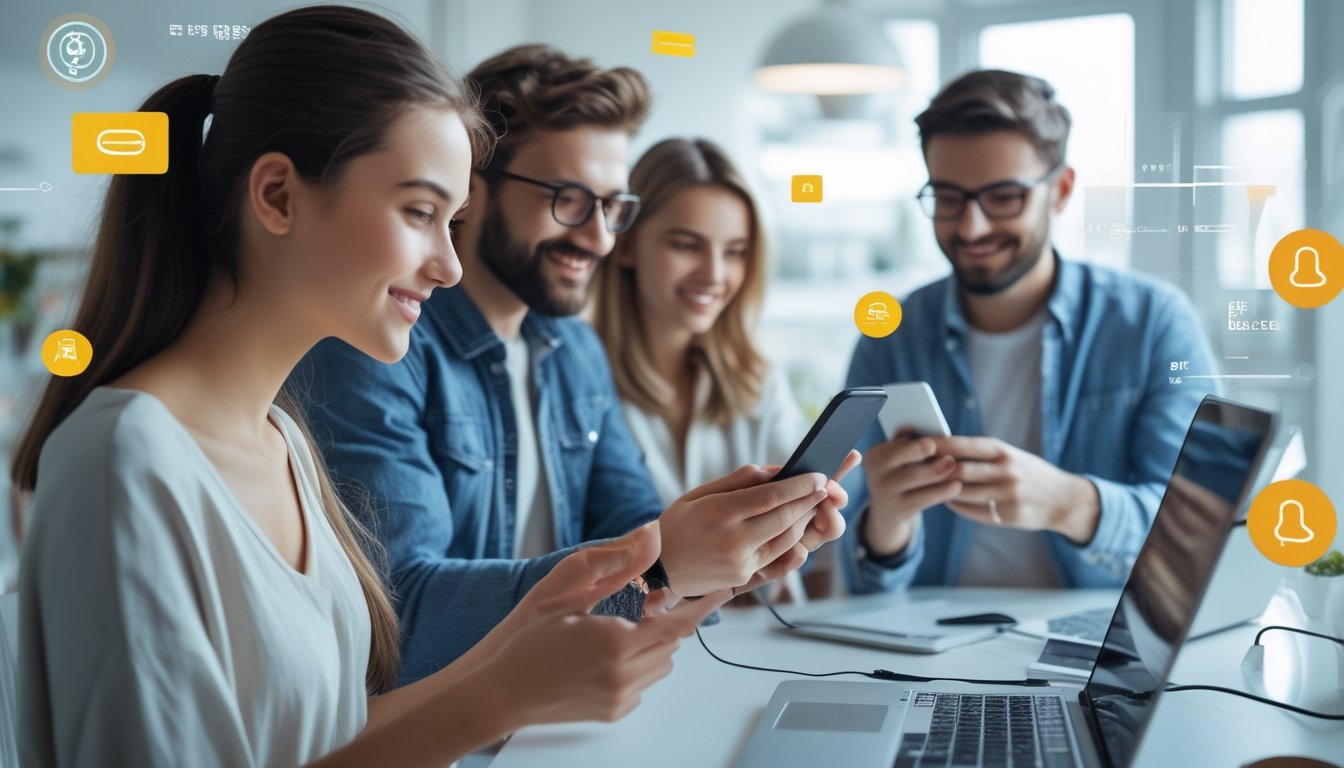 Sekelompok orang muda menggunakan ponsel dan laptop di ruangan terang untuk melakukan pembayaran online dengan cepat dan mudah.