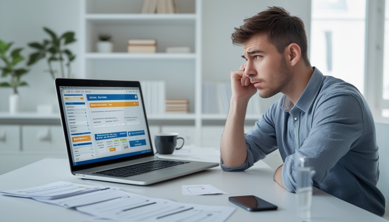 Seorang pria muda duduk di meja kerja di rumah, terlihat bingung saat melihat layar laptop dengan situs togel online, di sekitarnya ada catatan dan ponsel.