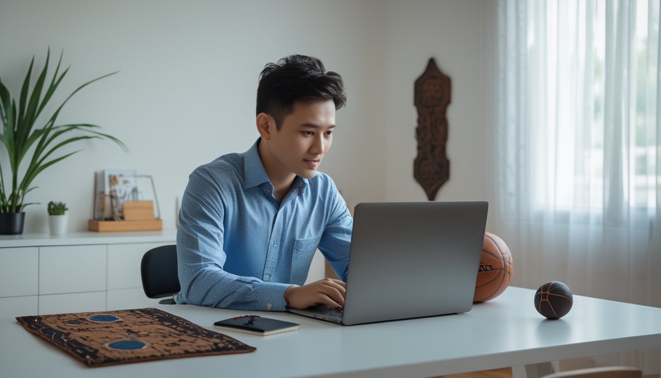 Seorang pria muda Indonesia duduk di meja dengan laptop yang menampilkan pertandingan bola basket, di ruang kerja rumah dengan dekorasi budaya Indonesia.
