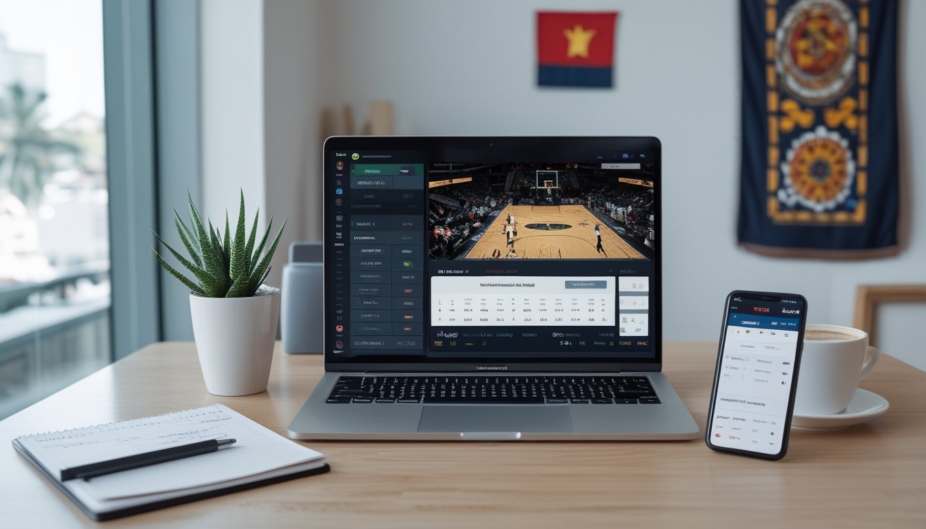 Meja kerja dengan laptop menampilkan pertandingan bola basket dan aplikasi taruhan olahraga, dikelilingi oleh ponsel, buku catatan, dan cangkir kopi dengan hiasan budaya Indonesia di latar belakang.