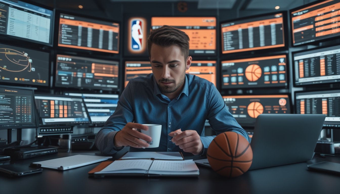 Seorang analis olahraga sedang bekerja di kantor dengan layar yang menampilkan pertandingan NBA dan grafik statistik.