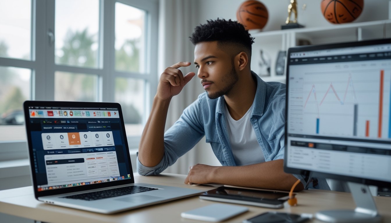 Seorang pria muda duduk di meja dengan laptop dan ponsel yang menampilkan statistik pertandingan NBA, terlihat fokus menganalisis data di ruang kerja yang terang dan rapi.